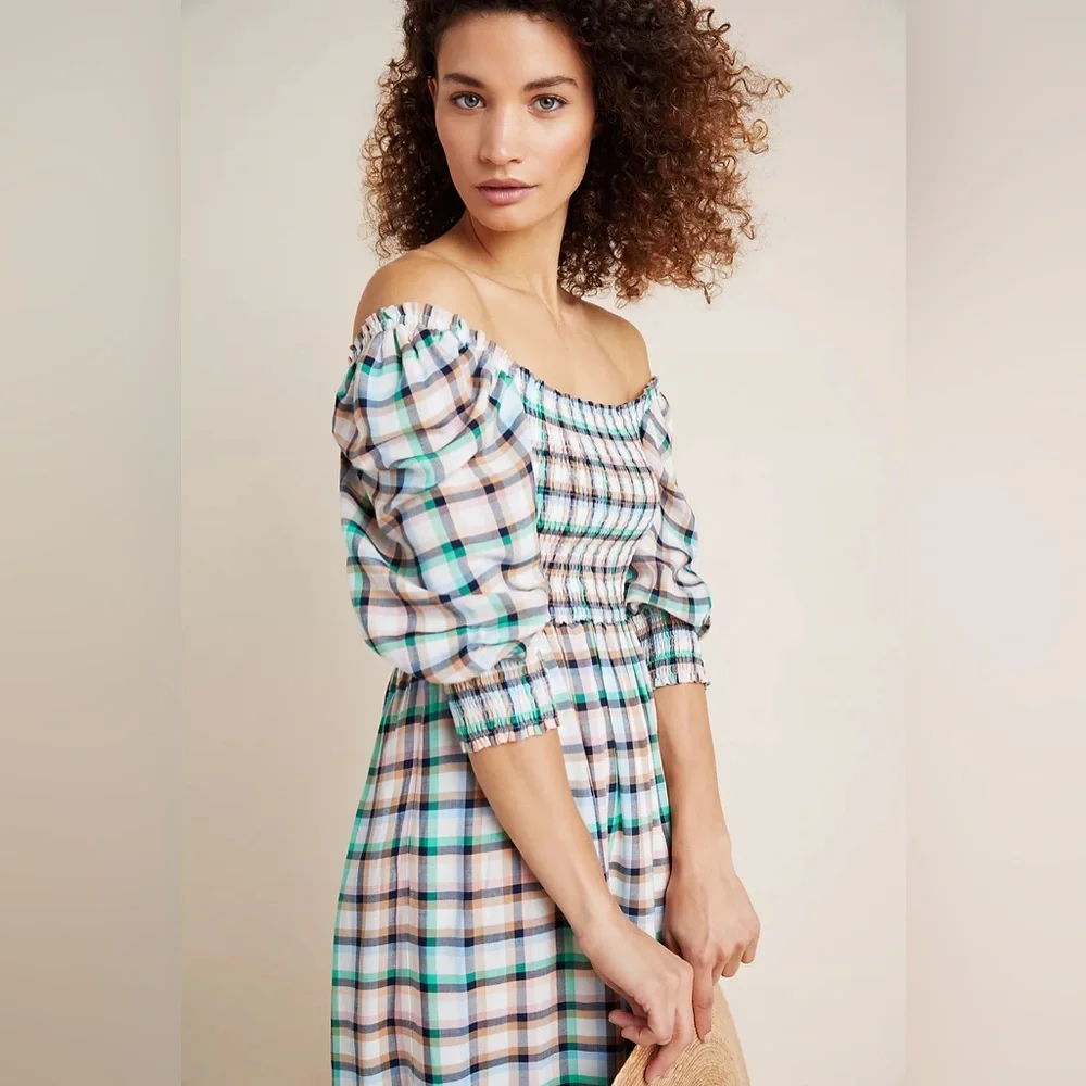Anthropologie Maeve Cerie Smocked Midi Dress Large Petite Summer Fall Plaid NWOT - Picture 3 of 9